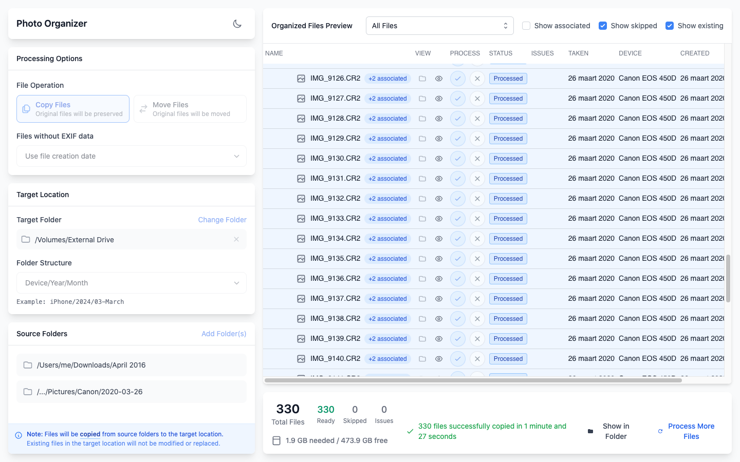 Processing Summary - View the results of the organization process